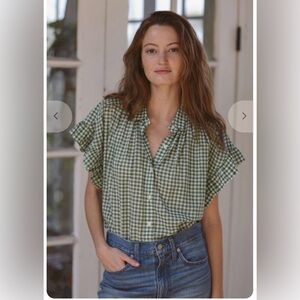 Trovata Birds of Paradis Marianne B Ruffle Sleeve Shirt Size XS Rosemary Gingham